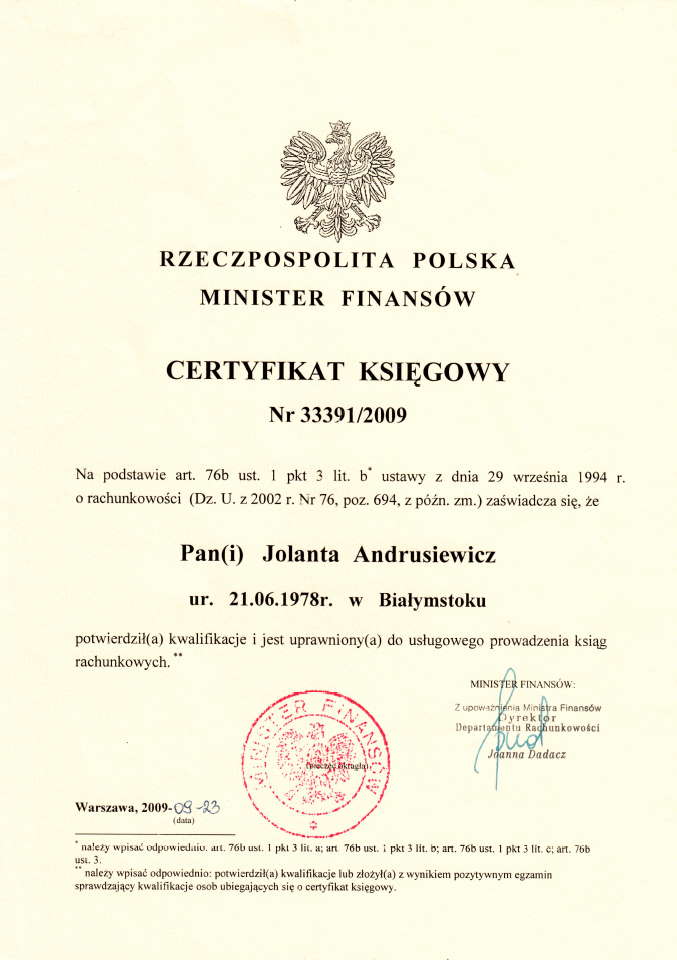 Certyfikat Księgowy Jolanta Andrusiewicz